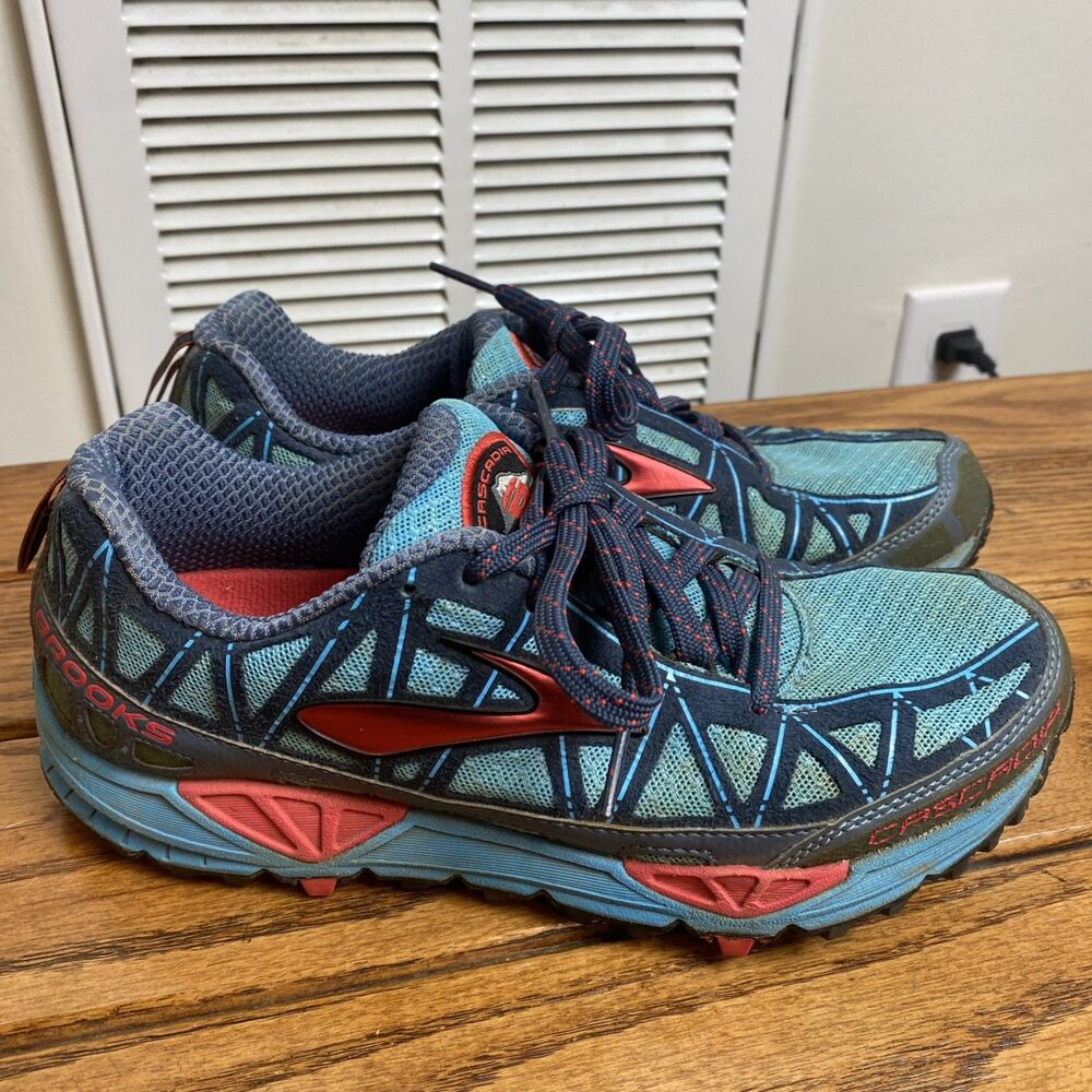 Brooks Cascadia 8 Trail Running Shoes Blue Orange Low Top Size 7 Womens US